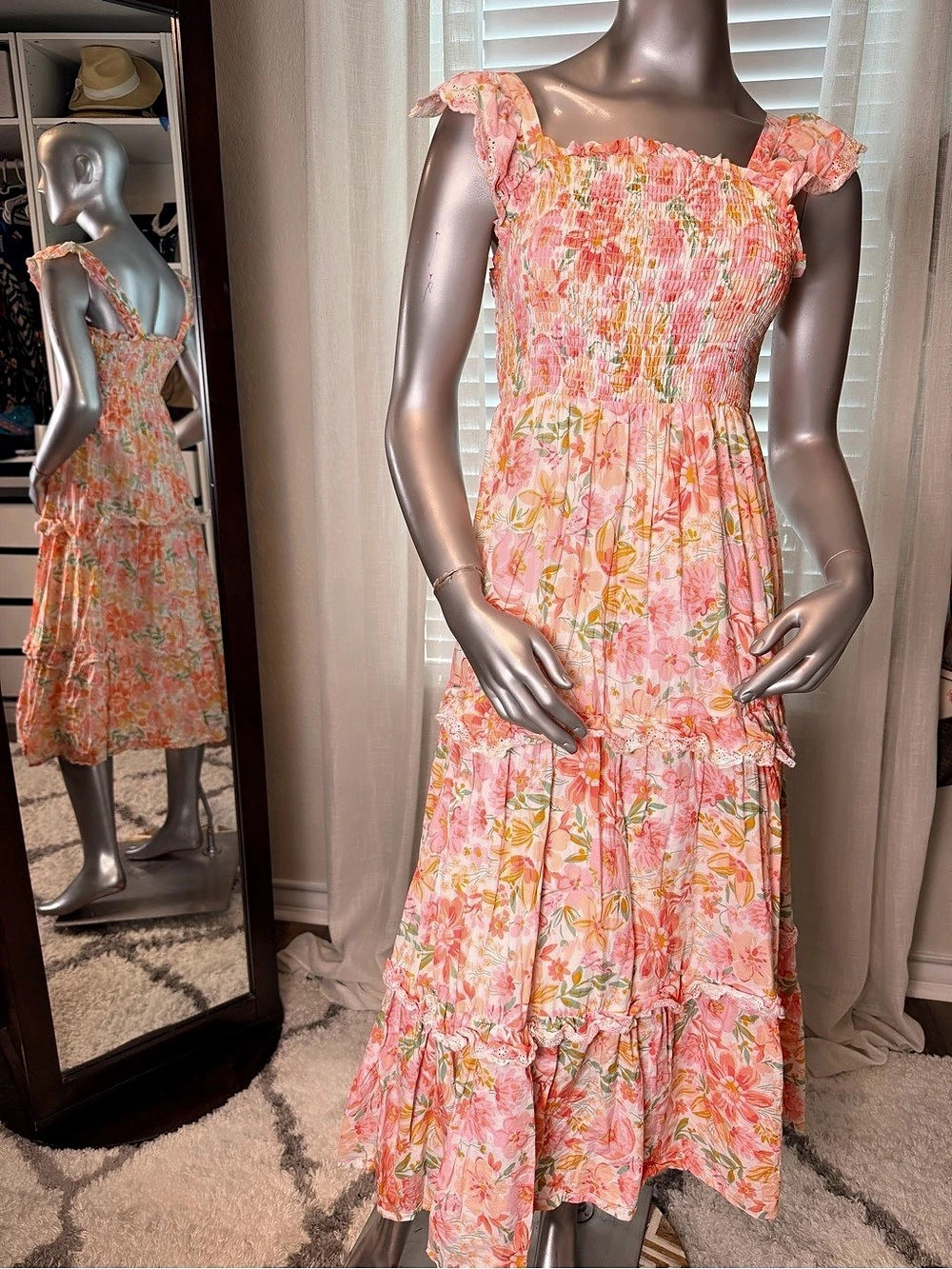 Haute Hippie Floral Smocked Tiered Midi Dress Pink Coral Cotton Boho Size 4